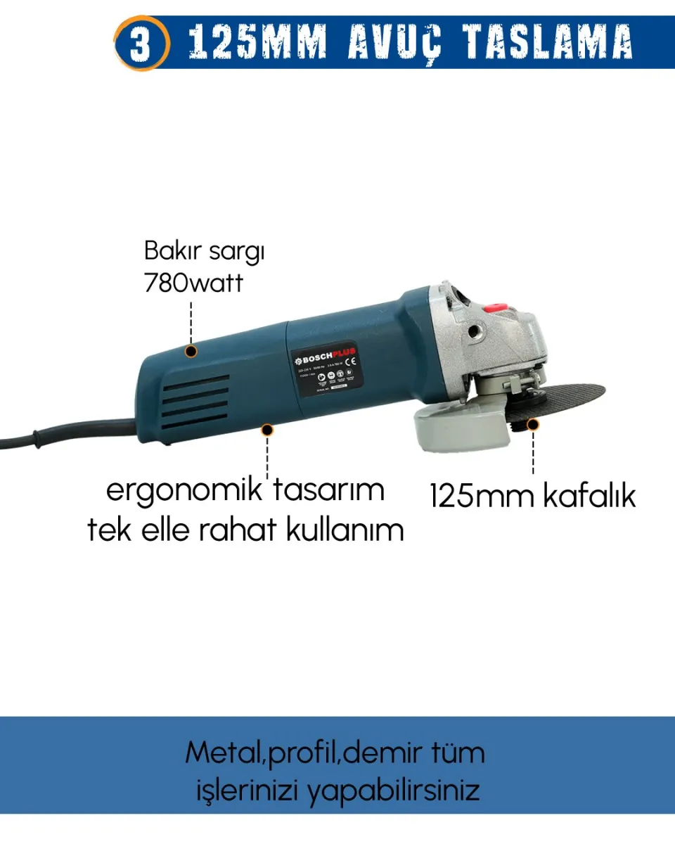 Elektrikli 3 lü Set 13mm Darbeli Vidalama + Kırıcı Delici Matkap + 125 mm Avuç Taşlama