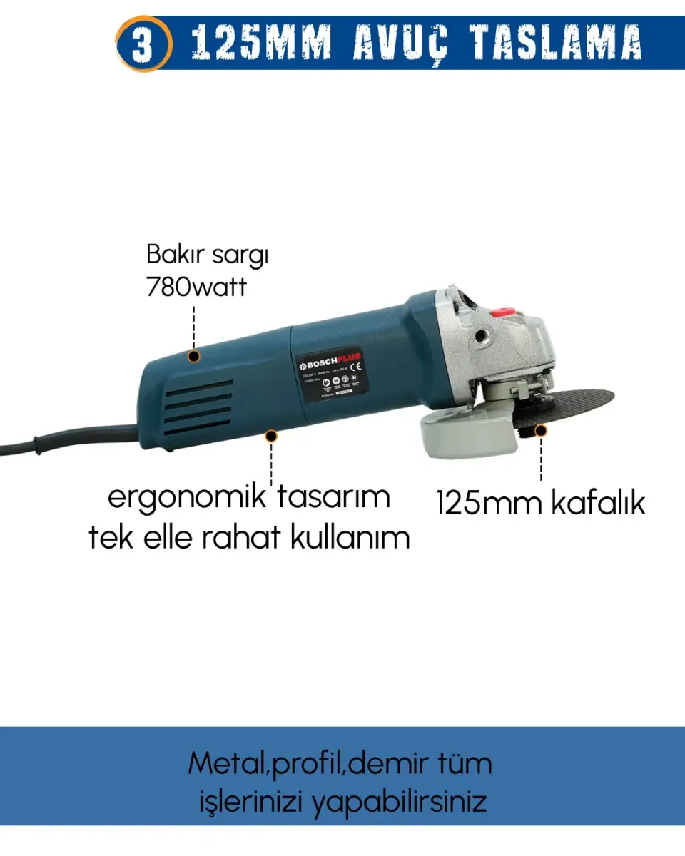 Elektrikli 3 lü Set 13mm Darbeli Vidalama + Kırıcı Delici Matkap + 125 mm Avuç Taşlama